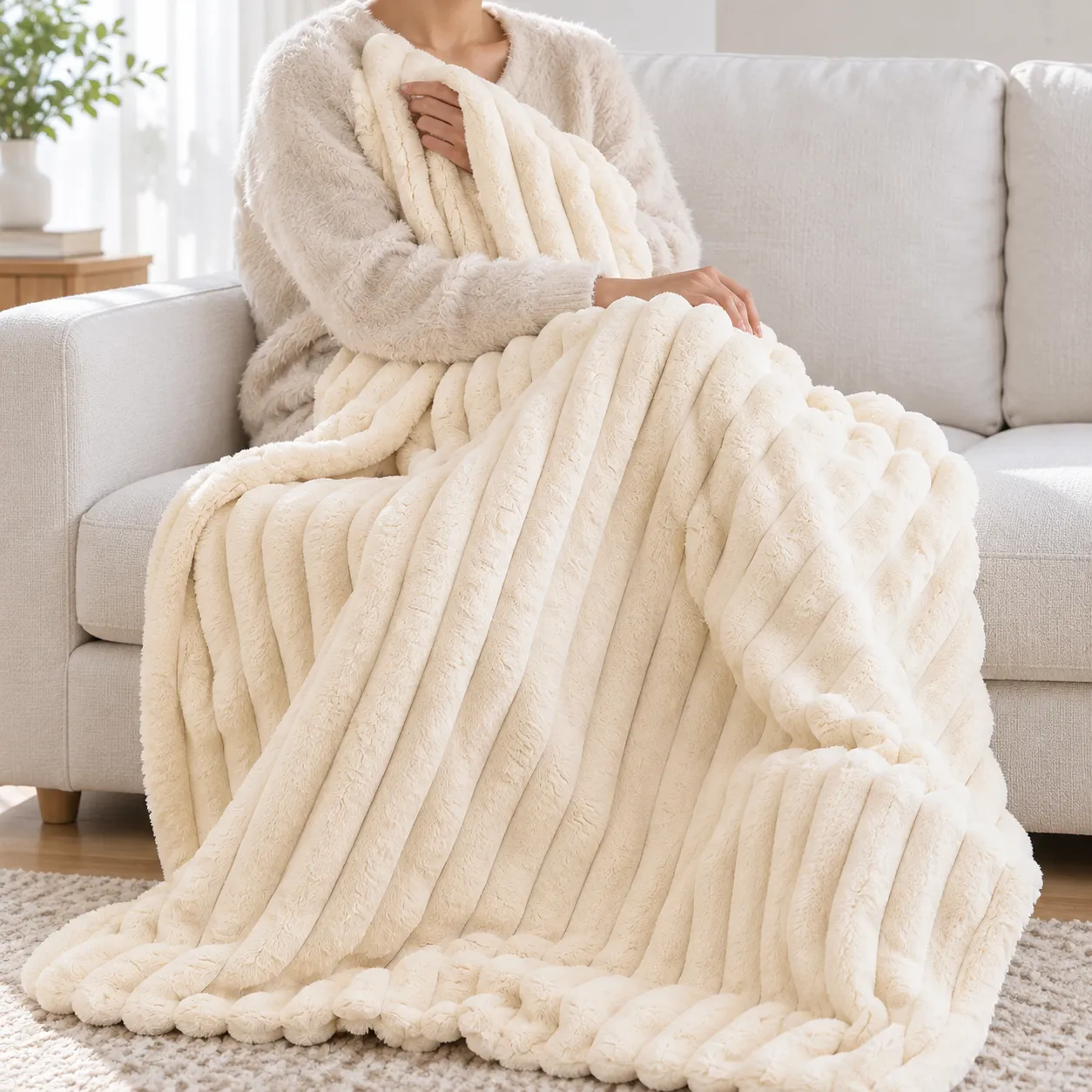 Cream Ribbed Throw - use view; styling objects excluded
