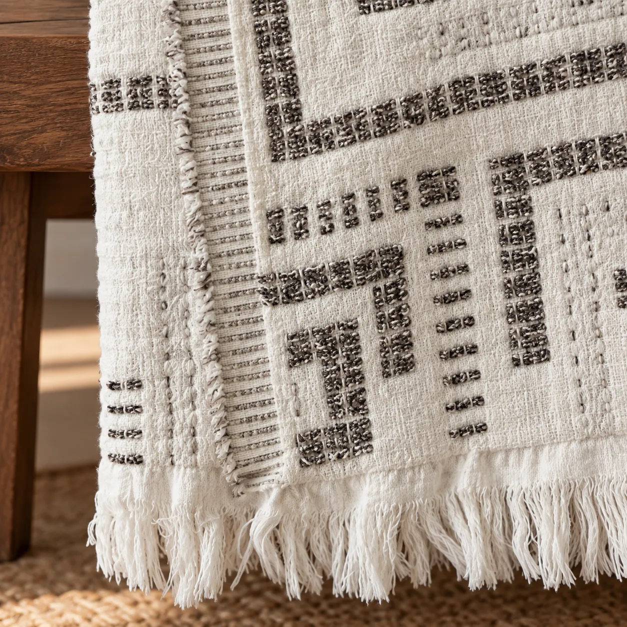 Close view of the cotton weave, charcoal pattern and short loose fringe