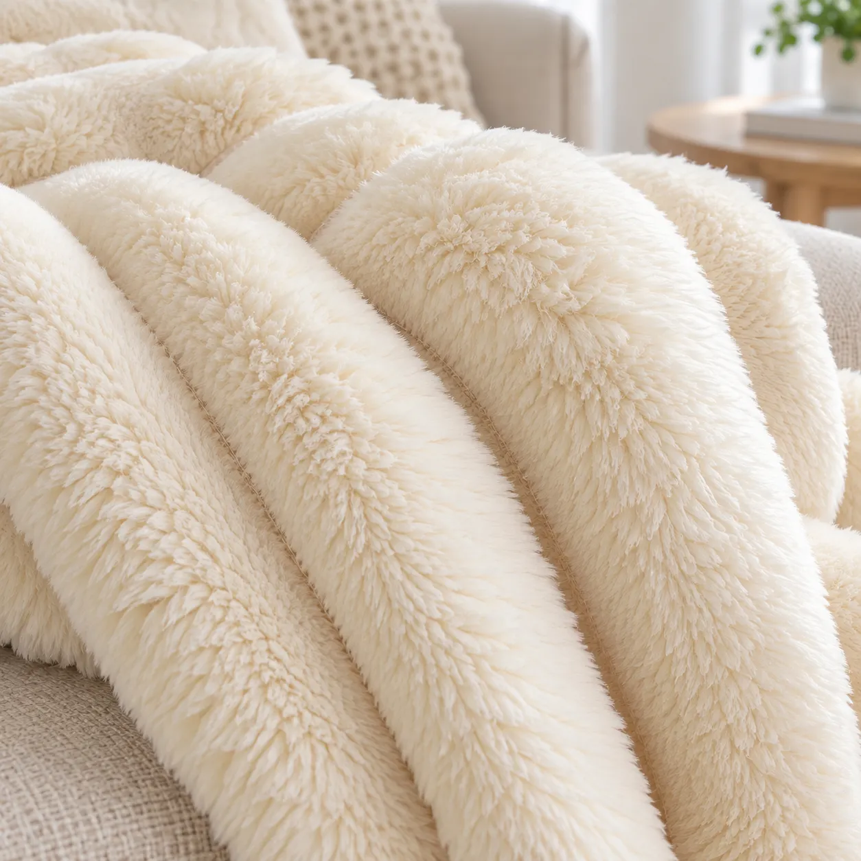 Cream Ribbed Throw - detail view; styling objects excluded