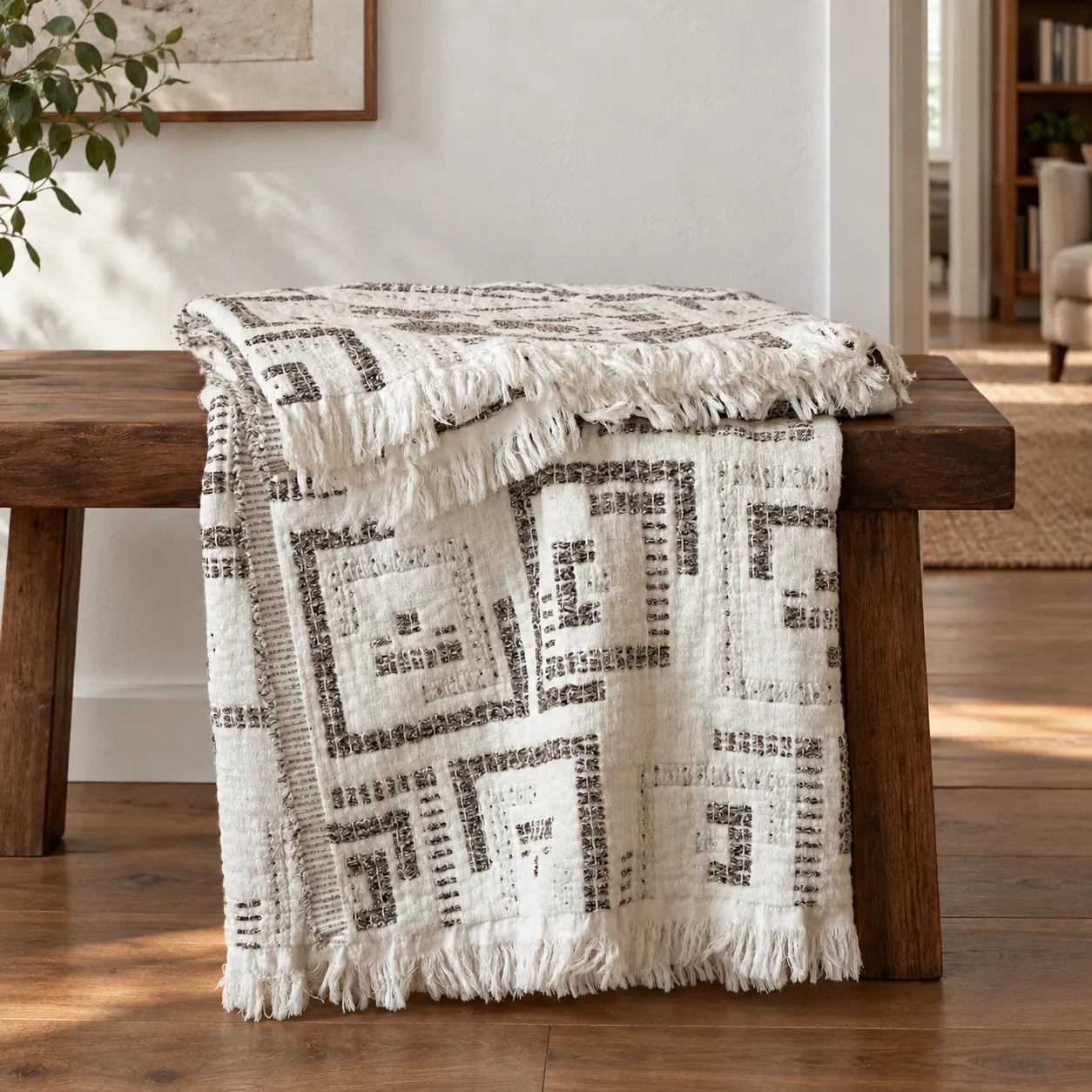 Prague cotton geometric throw folded over a wooden bench