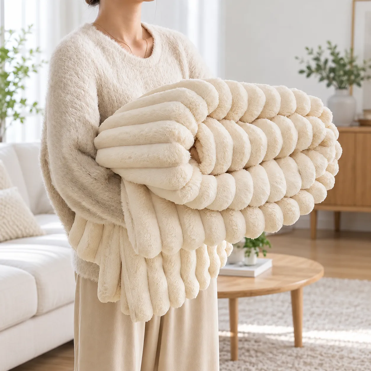 Cream Ribbed Throw - lead view; styling objects excluded