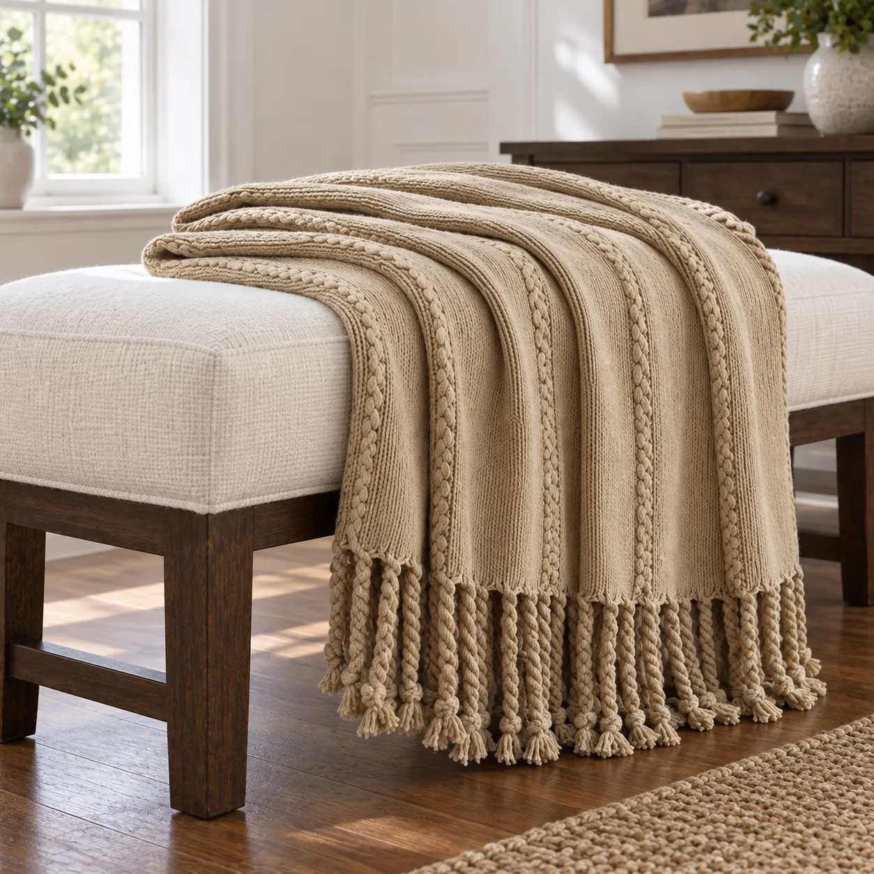 Side view of the camel throw showing cable panels and naturally hanging fringe