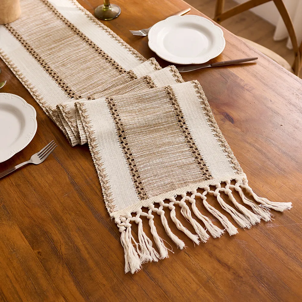 Folded runner showing the knotted fringe and brown centre band