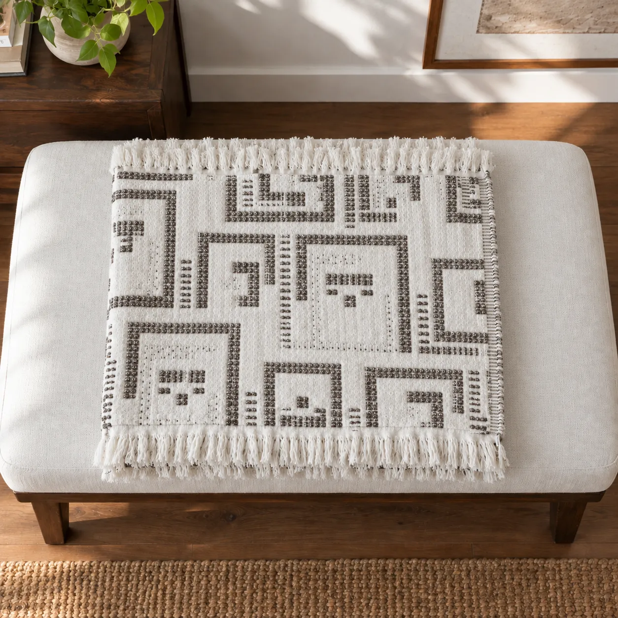 Top view of the folded Prague throw showing angular charcoal pattern and correct end fringe
