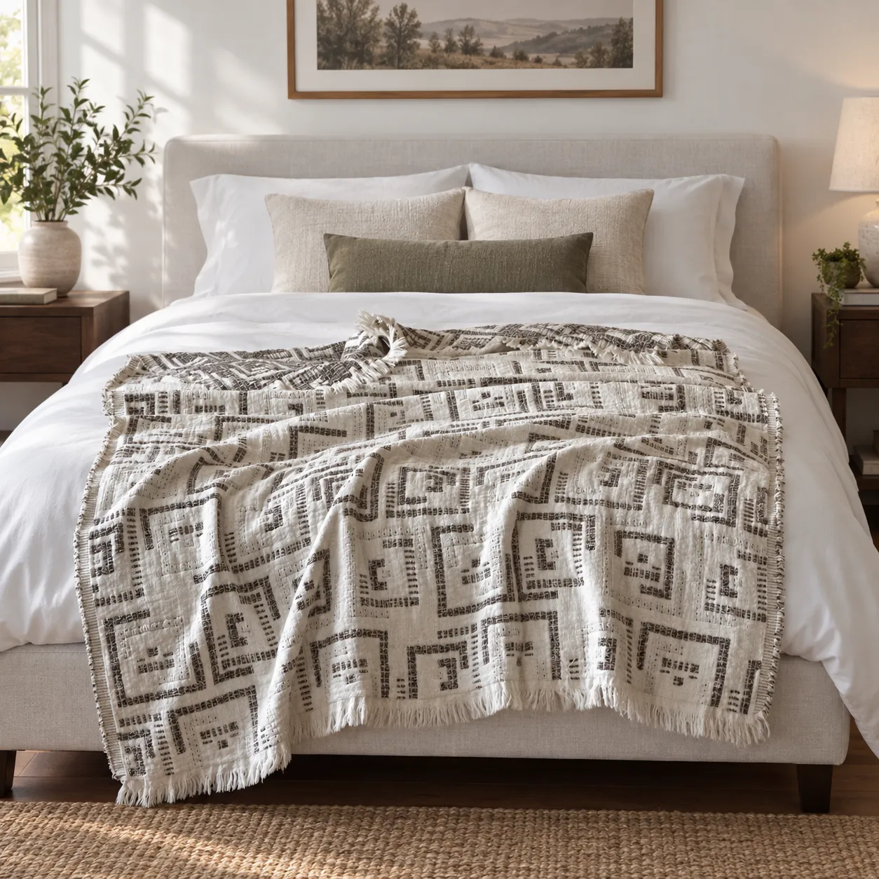 Prague throw draped across the foot of a bed; furniture not included