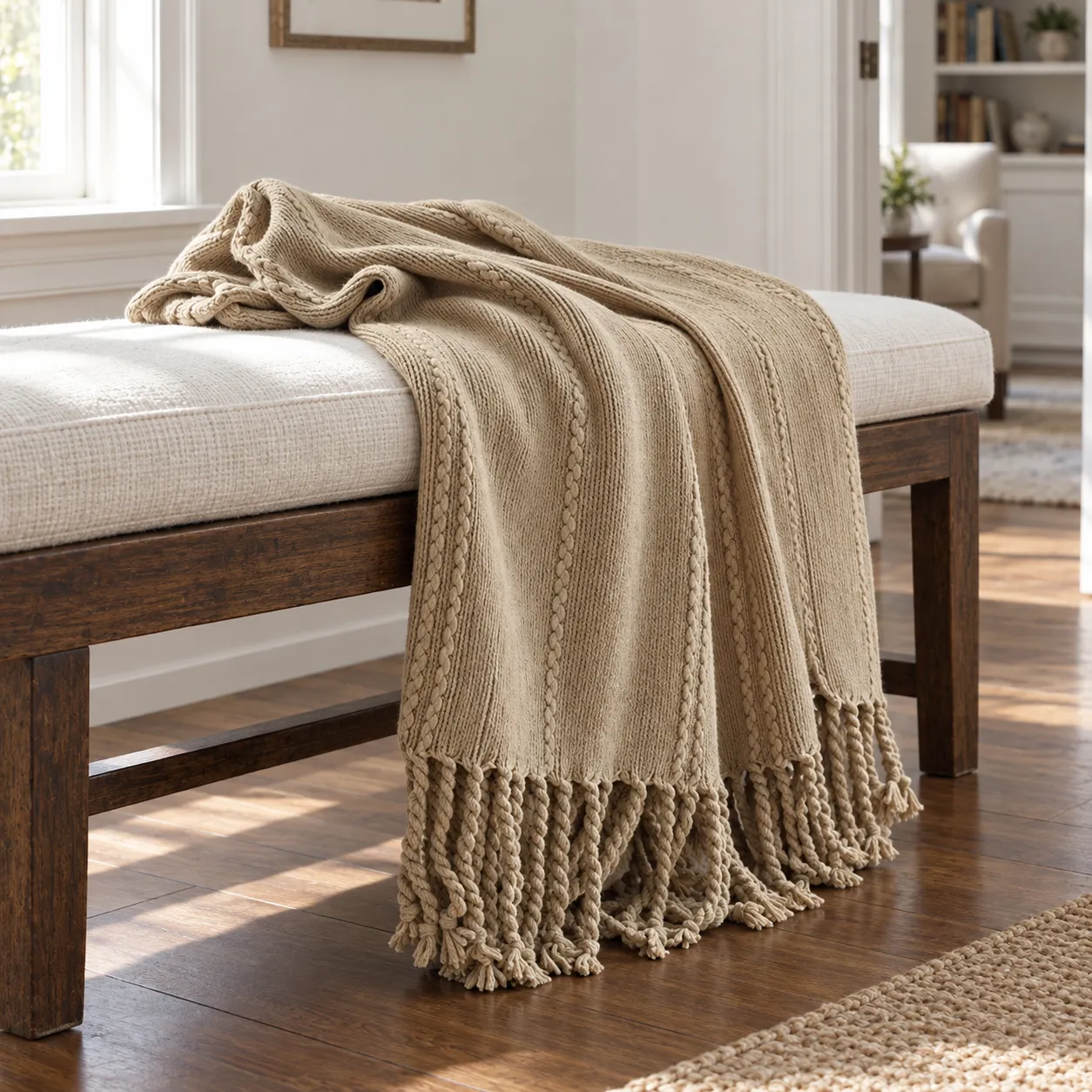 Camel acrylic cable-knit throw with twisted fringe on an upholstered bench