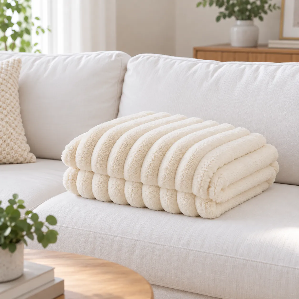 Cream Ribbed Throw - alternate view; styling objects excluded