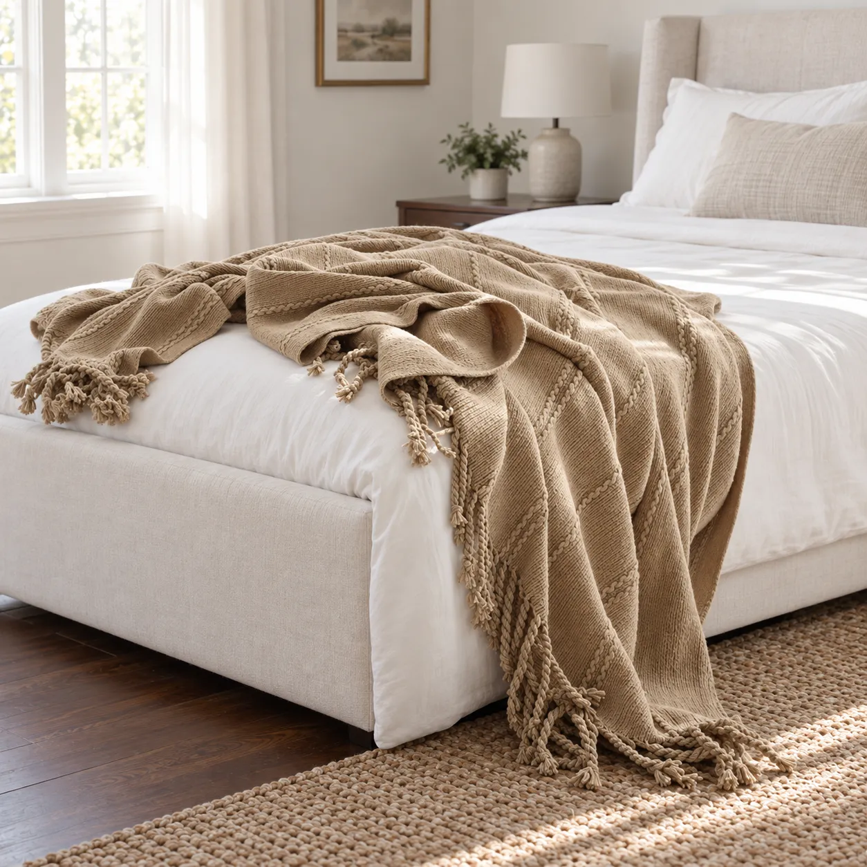 Camel throw draped across the foot of a bed; furniture not included