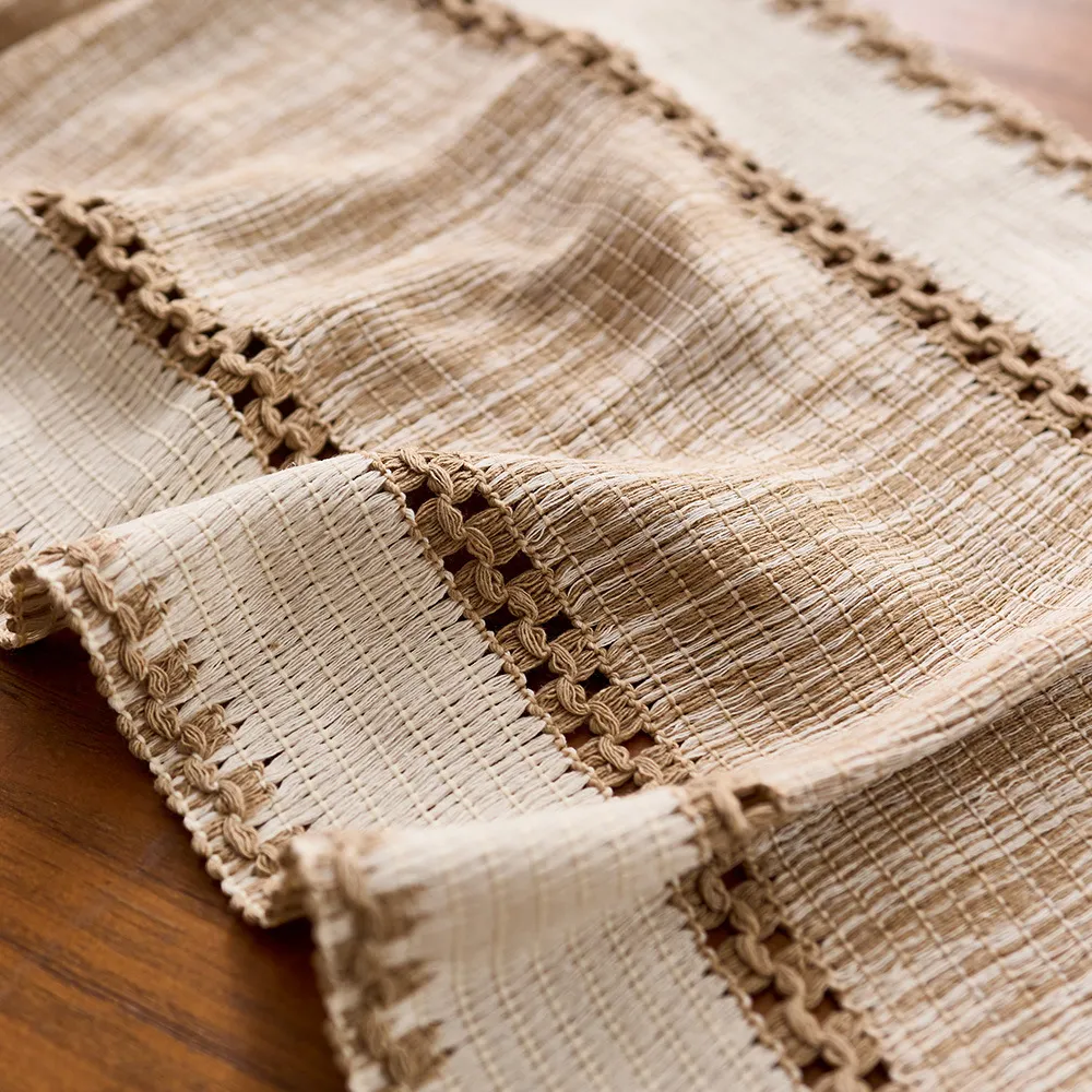 Close view of the runner weave, openwork stitching and off-white border
